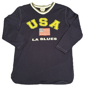 Fashion Bug Sweatshirt XL Blue 3/4 Sleeve USA Flag LA Blues V-Neck Pullover